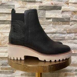 Dolce Vita 7.5 Black Leather Lug Sole Boots | Croc Detail, Chunky Heel
